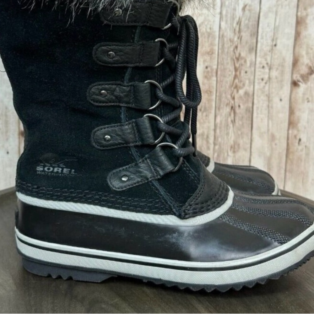Sorel "Joan Of Arctic" Black/Cream Waterproof Snow Boots Faux Fur Like NEW, sz 6 - Picture 11 of 13